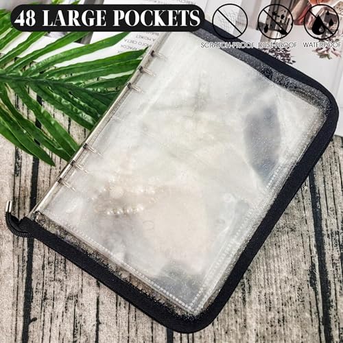 Bracelet Holder Travel Jewelry Organizer Case Transparent Jewelry Storage Book for Earring Necklace Ring with Small Clear Zippered Pouch - color: Black,48 PCS Large Bags