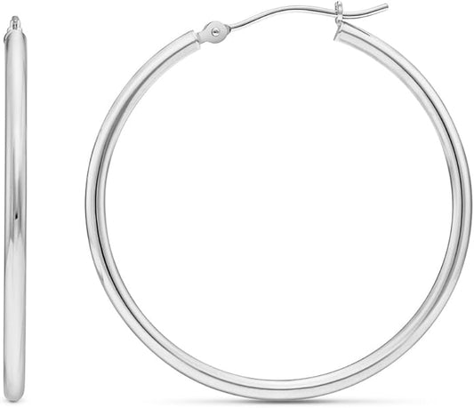 14k White Gold Classic Round Hoop Earrings