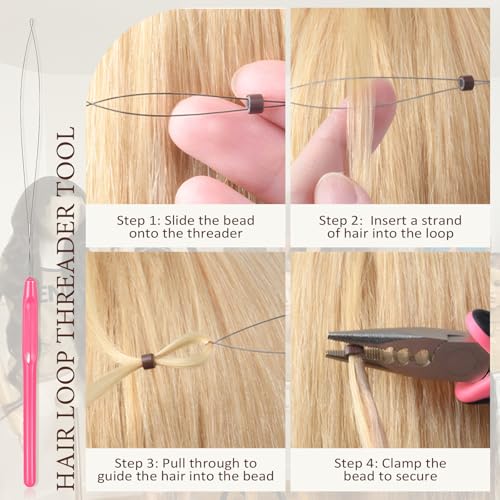 Hair Extension Tools Kit, 500 Silicone Lined Micro Rings, 1 Plier, 1 Threader, 1 Crochet Hook, 8 C/J/I Needles, 5 Clips, 1 Comb, 5 Sewing Threads,100 Mini Rubber Bands with Storage Case - color: Pink
