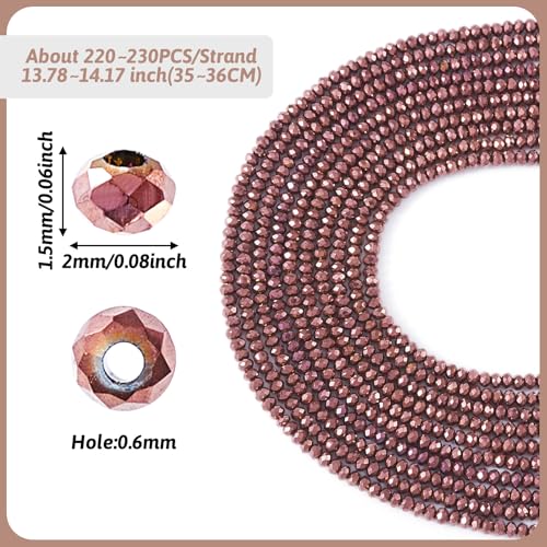 FASHEWELRY 10 Strands Briolette Faceted Glass Beads 2mm Rondelle Crystal Glass Spacer Beads Copper Plated for Necklace Bracelet Jewelry Making - color: Copper Plated, size: 2mm