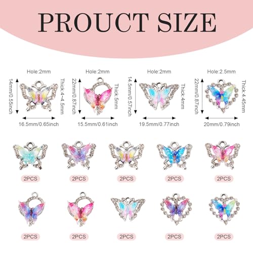 FASHEWELRY 20Pcs Alloy Crystal Rhinestone Charms Gradient Color Butterfly Jewelry Charms 10 Styles Charms for Jewelry Making Necklace Bracelet Craft - color: Multi