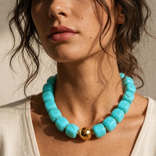 Mchic Colorful Beaded Choker Necklace for Women: Boho Large Square Acrylic Beaded Necklace Stainless Steel Adjustable Surfer Beach Strand Necklaces Summer Handmade Jewelry Gift for Women - color: Teal1