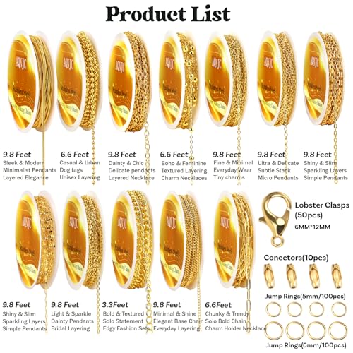 AQNJC Gold Chain for Jewelry Making, 98 Feet 12 Rolls Jewelry Chains with Gold Charms for Women DIY Necklace Bracelet Making Supplies with Jump Rings, Lobster Clasps, Connectors - color: 12 Rolls Gold Necklace Chains with Gold Charms