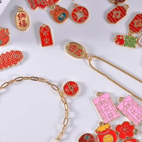 Bulk Gold Enamel Charms for Jewelry Making, Colorful Metal Charms Pendant for Bracelet Necklace and Crafting - color: Chinese Style Red