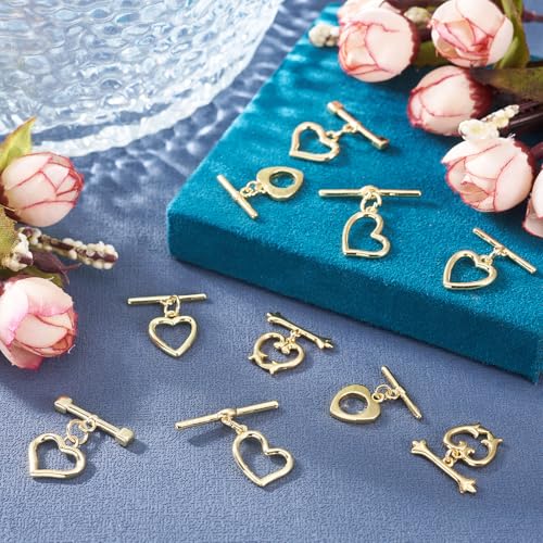10Pcs 18K Gold Plated Toggle Jewelry Clasps Heart Toggle Clasps Brass OT Toggles Clasp Connector T-Bar Bracelet Closure Clasp for Bracelet Necklace Jewelry Making - color: Light Golden