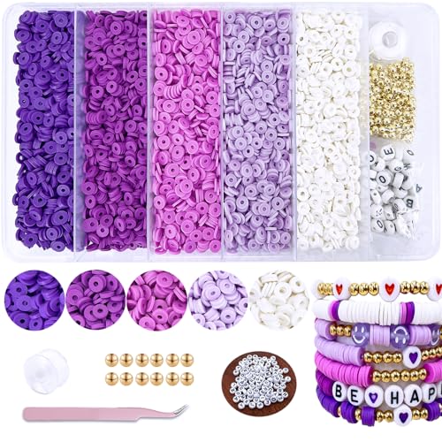 Purple Clay Beads for Bracelets, Heishi Beads for Women Friendship Bracelet Kit, 5000 pcs for Jewelry Making and Crafts - color: Purple