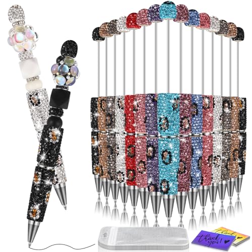 Tondiamo 45 Pcs Full Rhinestone Beadable Pens Bulk Set 15 Glitter Diamond Pens with Cards & Bags Fancy Beaded Pen for Beads DIY Cute Journalling Bling Ballpoint Craft Making(Leopard Print Diamonds) - style: Leopard Print Diamonds