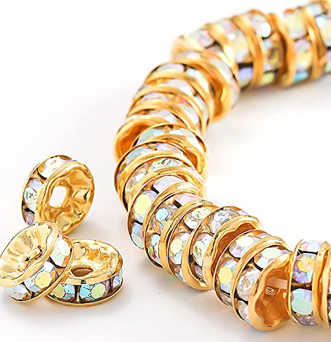 200Pcs 6mm Rondelle Spacer Beads Gold Plated AB Color Crystal Rhinestone for Jewelry Making Loose Beads for Bracelets - color: AB Color-gold, size: 6mm