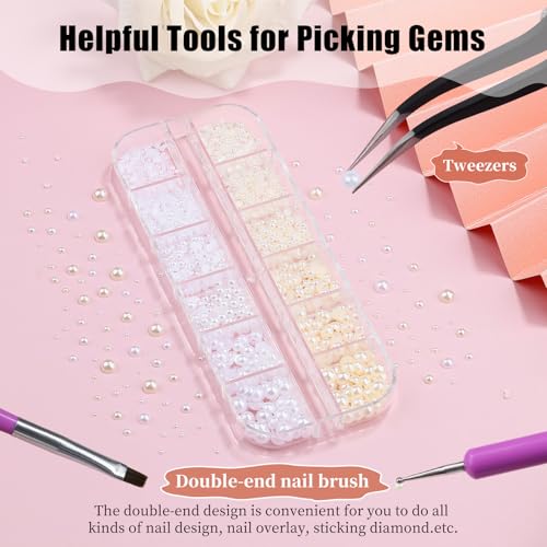 2100Pcs Flatback Nail Pearls Gems, 1.5-5mm White Beige Beads Half Round Nail Charms Beads with Pickup Pencil and Tweezers for Crafting Face Hair Manicure (11-K1-half-pearls-beige-white) - color: 11-K1-half-pearls-beige-white