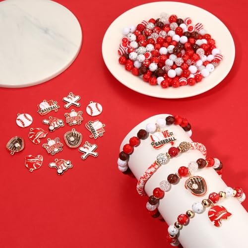 2400PCS+ Baseball Beads for Bracelet Making Clay Heishi Beads Crystal Pearl Letter Gold Spacer Bead Baseball Charms for Bracelet Necklace Making Game Day Party Favors DIY Crafts (Red White)
