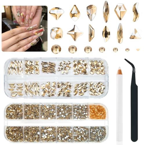 qiipii 4080Pcs Champagne Golden Nail Rhinestones Flatback Gold Crystals Gems Round Beads K9 Glass Stones Diamonds Jewels Nail Art Supplies Nail Charms Supplies for Nails Faces Eyes Makeup Body Beauty - color: Champagne Gold, size: B Set