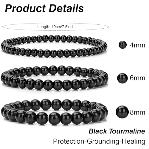 3Pcs Natural Healing Crystal Bracelets for Women Men, 4mm 6mm 8mm Beaded Stretch Bracelet Set, Black Tourmaline Natural Stone Gemstone Jewelry Gifts for Meditation, Reiki & Yoga - color: black tourmaline