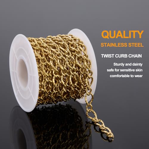 KYUNHOO 13 Feet Gold Plated Stainless Steel Bulk Chains for Jewelry Making Embossed Rhombic Chain Links with Lobster Clasps Jump Rings for Necklace DIY Supply Jewelry Findings - color: Twist Gold