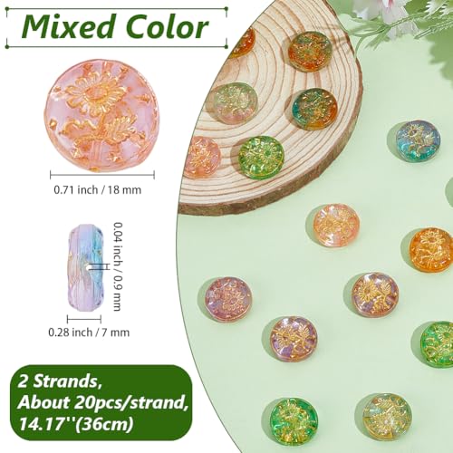 1 Box About 40Pcs Glass Flat Round Beads Metal Enlaced Flower Pink Green Transparent Bohemian Charm Golden Sunflower Paint Vintage Bead for Jewelry Making Bracelet Keychain Diy Craft Supply