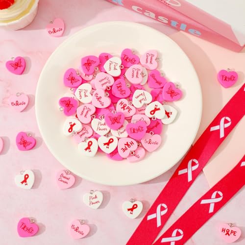 Augshy 64 Pcs Breast Cancer Awareness Charms, Pink Ribbon Resin Charm Breast Cancer Conversation Heart Charms Pink Hope Beads Pendant for DIY Crafs Bracelet Necklace Jewelry Making Accessories - style: Breast Cancer Awareness Style