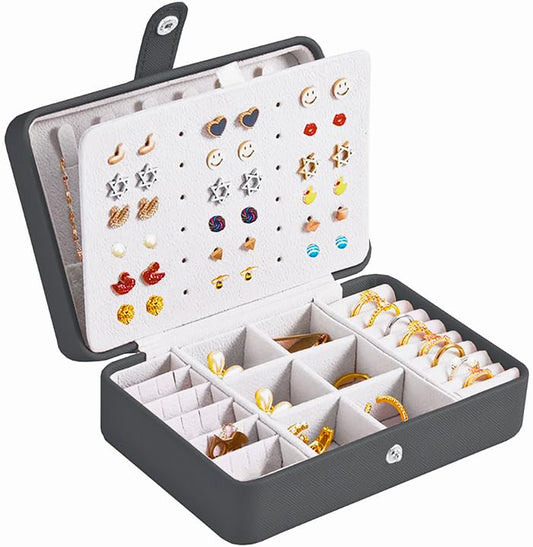 QBestry All-in-One Travel Jewelry Organizer for Women Black | Small Jewelry Box with 68 Earring Holes | Compact Portable Jewelry Case for Earrings, Rings, Necklaces | Perfect Gifts for Mom Wife Girls - color: Black