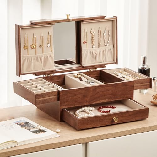 CHOSIN Black Walnut Wooden Jewelry Box for Women, 3 Level Multi-functional Drawer Organizer Box Watch Necklace Ring Earring Storage Mothers Day Gifts for Mom - style: With Mirror1