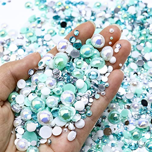 60g Mixed Flatback Pearls and Rhinestones for Crafts, Tumblers, Shoes, Face Nail Art, 2mm-10mm Half Pearls and Flatback Rhinestones for Bedazzling, Aquamarine|White - color: Aquarius Blend | Mix Aquamarine | White