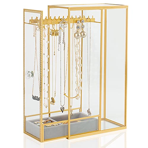 Glass Necklace Organizer Holder, Jewelry Organizer Necklace Holder with Hanging Hooks, Glass Necklaces Display Case for Storage Rings Earrings - style: Necklace Organizer