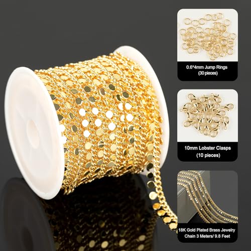 YOUBEIYEE 9.8 Feet 18K Gold Plated Brass Jewelry Chains Bulk Twisted Curb Link Chain Roll Shiny Sequin Waist Chain DIY for Women Jewelry Supplies Findings - color: Sequin