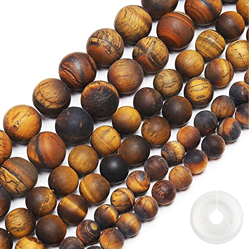 Natural Matte Classic Tiger Eye Beads, 6MM Round Frosted Unpolished Loose Gemstone Beads for Bracelet Necklace Jewelry Making, Energy Stone Healing Power with Stretch Beading Cord - color: Matte Classic Tiger Eye, size: 6MM