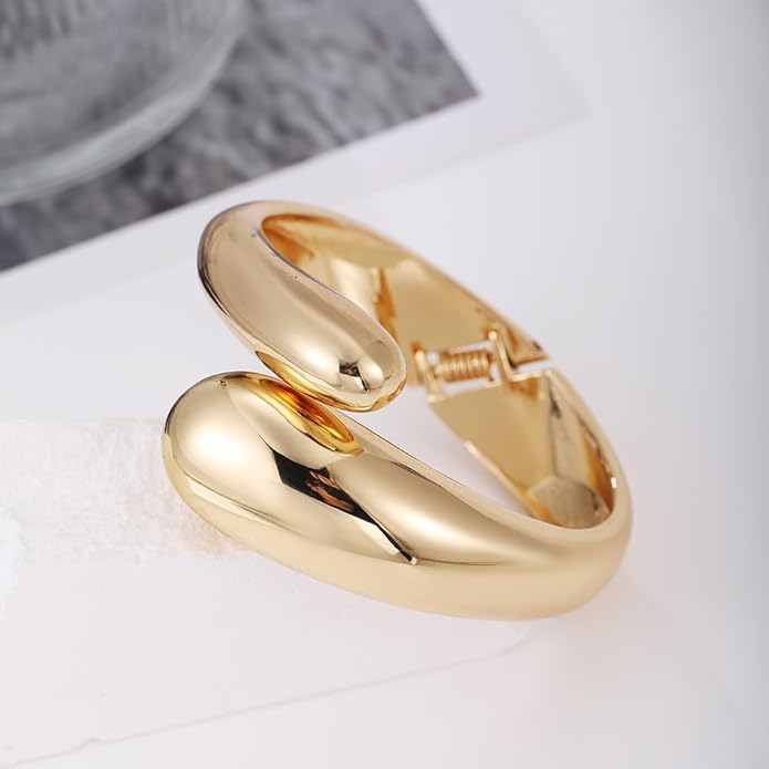 Golden Polished Chunky Twisted Hinged Waterdrop Bangle Bracelet for Women Spiraled Oval Bangle Bracelet