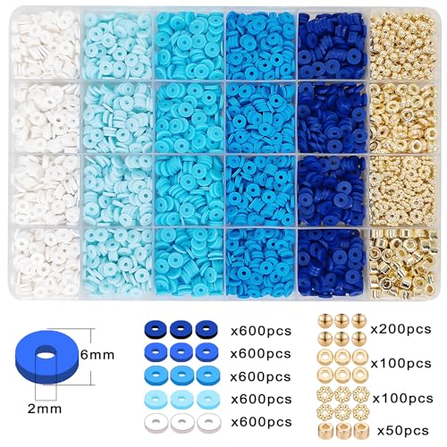MIIIM Blue Clay Bead Bracelet Kit, Heishi Beads, Flat Clay Beads and Gold Spacer Beads for Jewelry Making, Friendship Bracelet Beads Kit for Crafts, Concert, Raves, Gifts - color: Blue