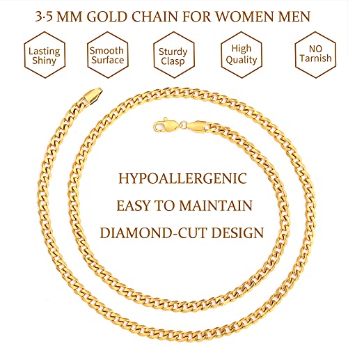 Fiusem 3.5mm Cuban Link Chains for Men, Silver Tone/Black/14K Gold Plated Stainless Steel Necklace Chain, Mens Necklace 16, 18, 20, 22, 24, 26, 28 Inch - size: 24 Inches, style: c.3.5mm width-gold plated