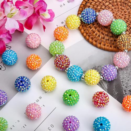 30PCS 20MM Bubblegum Beads for Pens, Mixed Color Rhinestones Disco Ball Chunky Large Acrylic Round Beads for Bag Focal Beadable Pen Keychain Making Jewelry Bracelet Making DIY Crafts - color: Rhinestones Beads