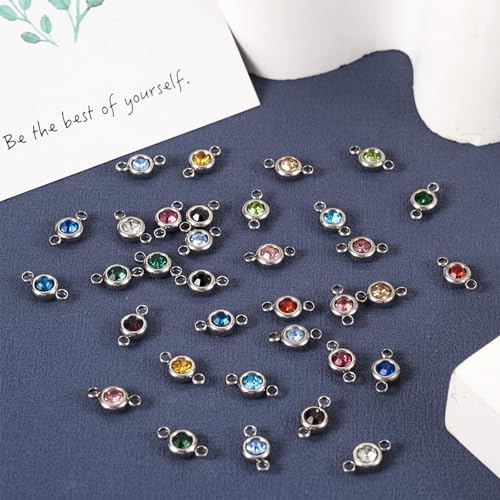 Pandahall 34Pcs Rhinestone Connector Charms Birthstone Charms Stainless Steel Links Connectors Flat Round Linking Charms Glass Gemstone Crystal Pendant for Christmas Bracelet Earring Jewelry Making