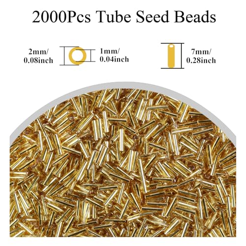 2000Pcs Tube Seed Beads 2x7mm Mini Long Glass Bugle Bead Small Craft Loose Spacer Beads for DIY Phone Charms Waist Bead Bracelets Earrings Necklaces (Golden) - color: Golden