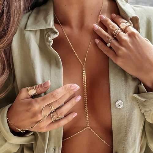 14K Gold Plated Body Chains for Women, Sexy Layered Belly Waist Chain Crossover Bikini Bra Chain, Summer Beach Rhinestone Body Jewelry - style: Gold Fishbone