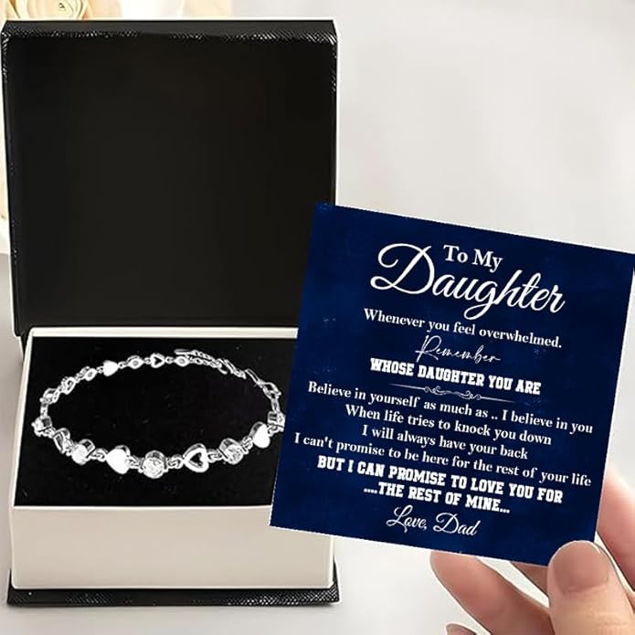 To My Daughter Bracelet, Silver Heart Chain Bracelet with Shiny Stones, Perfect Birthday or Graduation Christmas Gift for Daughter with Message Card Gift Box