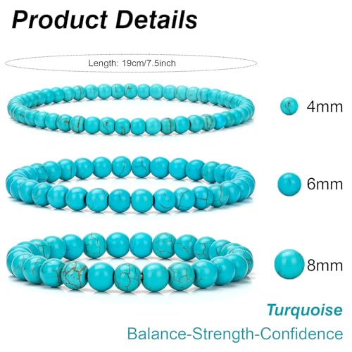 3Pcs Natural Healing Crystal Bracelets for Women Men, 4mm 6mm 8mm Beaded Stretch Bracelet Set, Black Tourmaline Natural Stone Gemstone Jewelry Gifts for Meditation, Reiki & Yoga - color: Turquoise