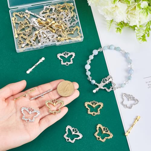 PH PandaHall 30 Sets Butterfly Toggle Clasps, 28mm OT Clasps Alloy Jewelry Clasp Closure Metal T Bar Clasp Closure Clip Connector for Necklaces Bracelets Jewelry Craft Making, Antique Golden/Silver