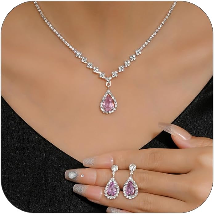 Sparkling Teardrop Halo Bridal Necklace Earrings Set For Women Statement Classic Silver Colors Adjustable Choker Style Chain