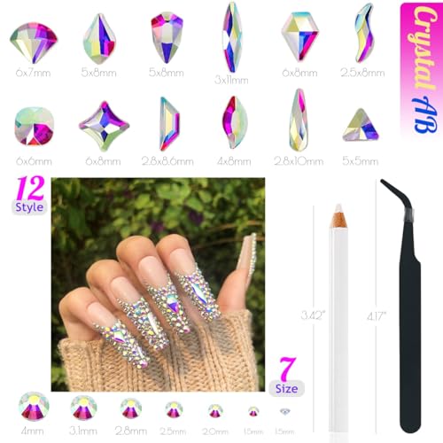 qiipii 4080Pcs Crystal AB Nail Rhinestones Multi Shapes Flatback Crystal White AB Gems Round Beads K9 Glass Stones Diamonds jewels Nail Art Supplies Nail Charms for Nails Faces Eyes Makeup DIY Crafts - color: Crystal AB, size: B Set