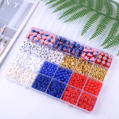 2480pcs President's Independence Day Polymer Clay Beads Charms Friendship Bracelet Necklace Earring Jewelry Making kit, Accessories for Arts Crafts DIY Birthday Gifts for Girls Children American Flag - color: C8#President's Independence Day
