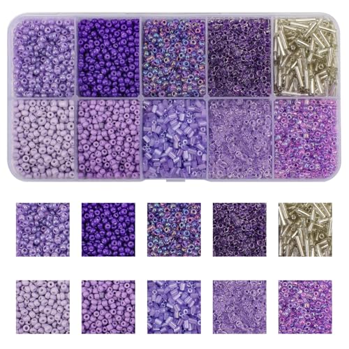 Approx 5000pcs 12/0 Glass Seed Beads for Jewelry Making, 2mm Mix 10 Colors Tube Beads Glass Bugle Beads Waist Beads Kit for Bracelets Necklaces Earrings DIY Supplies (Lavender) - color: Lavender