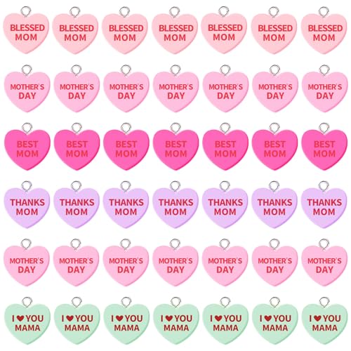 Augshy 64 Pcs Mother's Day Charms Resin Heart Charm Beads Love Mama Ornament Blessed Mom Pendant for DIY Bracelet Necklace Jewelry Making - style: Mother's Day Style