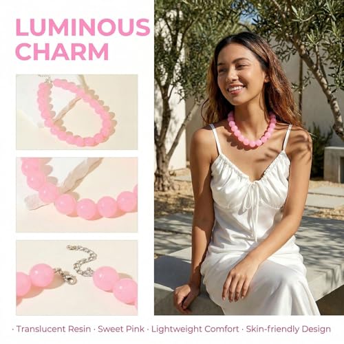 Colorful Chunky Beaded Necklace for Women Acrylic Bead Choker Necklaces Fashion Large Round Beads Necklaces for Women Handmade Summer Jewelry - color: Pink Beaded Necklace