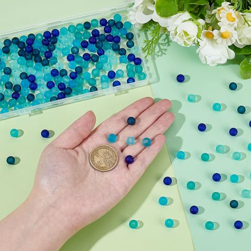 PH PandaHall 200pcs Blue Frosted Glass Beads 8mm Round Bracelet Bead 5 Colors Transparent Frosted Crystal Beads Glass Jewelry Loose Bead for Summer Beading Necklaces Bracelets Jewelry Making - color: Blue
