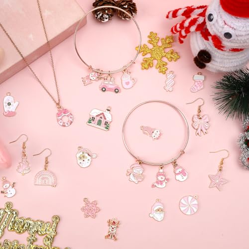 SANNIX 110Pcs/55 Pairs Christmas Charms, Pink Christmas Charm for Jewelry Making, Holiday Xmas Enamel Pendants for DIY Bracelet Necklaces Earrings Craft Supplies - style: Pink Christmas Charms