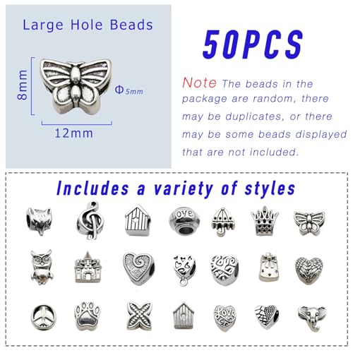 stino Large Hole Silver Metal Spacer Beads for Jewelry Making, Bracelet Earrings Necklace Findings & Supplies 512 (Large Hole (50PCs)) - color: Large Hole (50PCs)