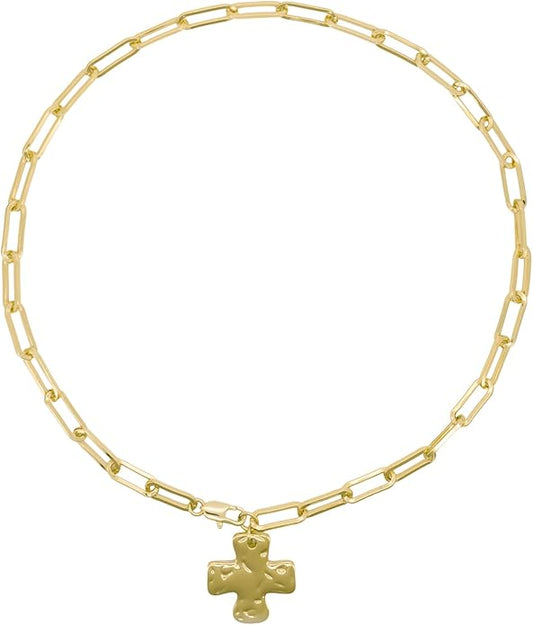 Gold Chunky Cross Necklace for Women - Statement Layered Hammered Cross Pendant Jewelry with Vintage Toggle Clasp, Bold Paperclip Chain Necklace Gift for Her