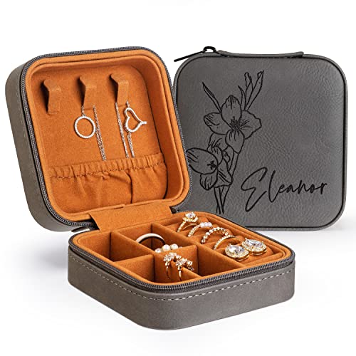 Custom Leather Jewelry Box w/Name & Birth Flower Month - Birthday Gifts for Women, Personalized Jewelry Travel Case - Customized Jewelry Organizer Box, Mom Birthday Gifts - Gray - color: Gray
