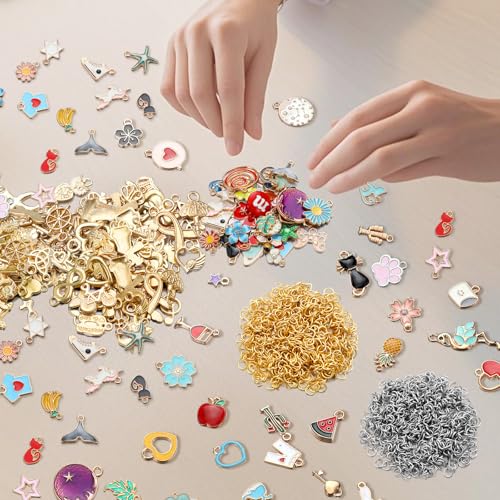 Trnayi 2000 Pcs Charms for Bracelets Jewelry Making Mixed Bracelets Charms Bulk 1000 Gold Enamel Pendants with 1000 Open Jump Rings for DIY Necklace Bracelet Earrings Keychain Jewelry Crafting