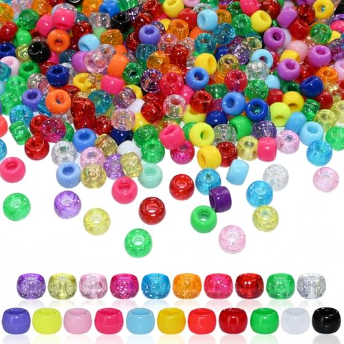 Amaney 500 Pieces 6x9mm Pony Beads Mixed Colors Glitter Transparent Big Hole Plastic Beads (Mixd) - color: Mixed