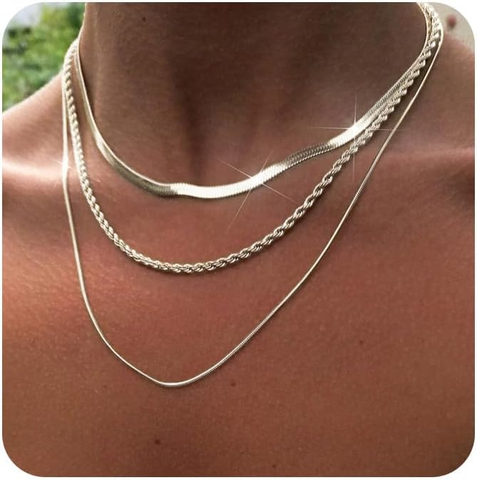 3PCS Gold Necklaces for Women,Chunky Statement Gold Plated Necklace Stack Layered Sterling Silver Herringbone Chains for Women Dainty Trendy Silver Chains Stacked Jewelry Gifts
