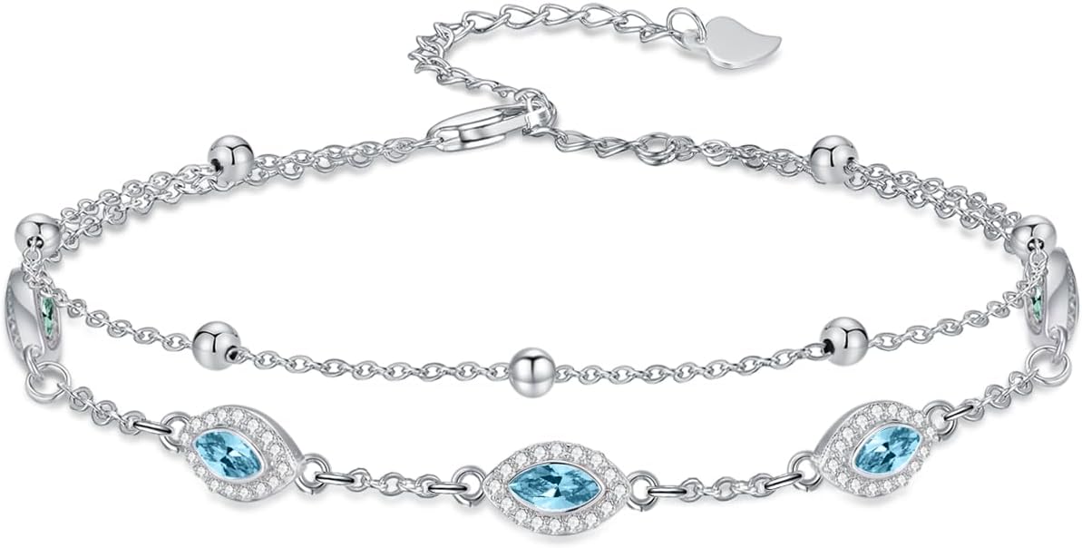 Evil Eye Birthstone Charm Link Bracelet 925 Sterling Silver Evil Eye Bracelet with 12 Months Birthstone Birthday Jewelry Gifts for Women Mom Her,Chain Length 7"+2" Extend